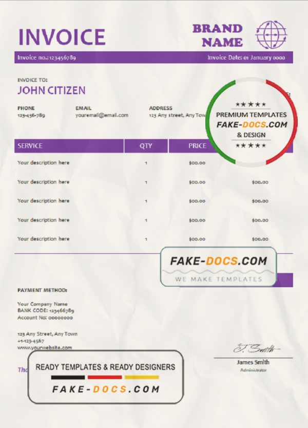 purple stamp universal multipurpose invoice template in Word and PDF format, fully editable scan