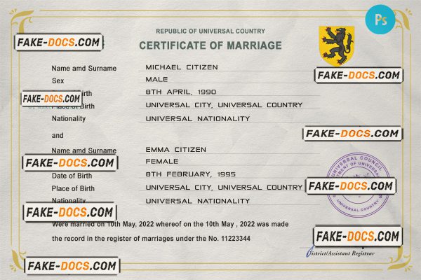 red-eye universal marriage certificate PSD template, completely editable scan