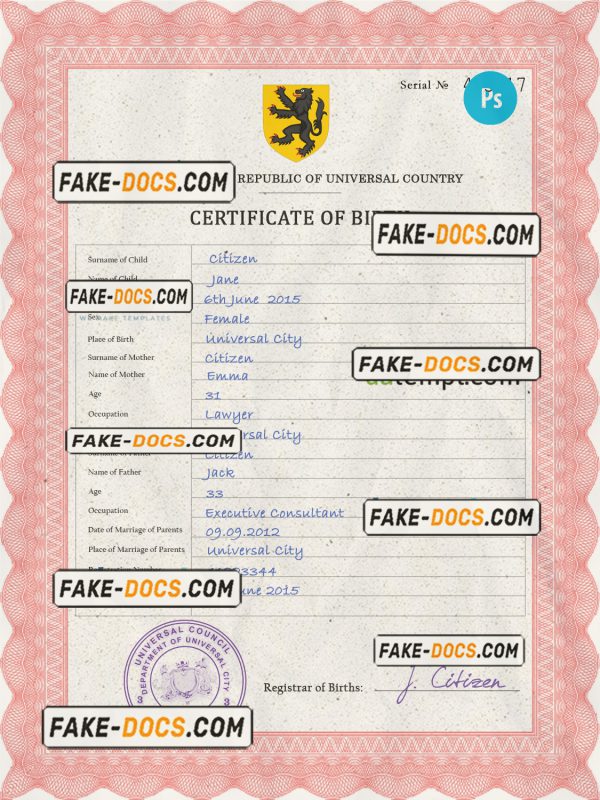 scribe universal birth certificate PSD template, fully editable scan