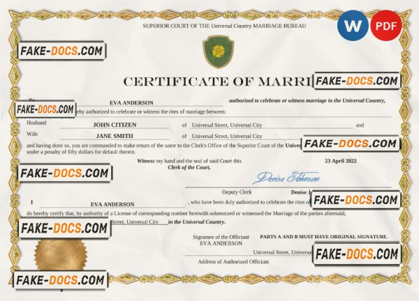 shadow universal marriage certificate Word and PDF template, fully editable scan