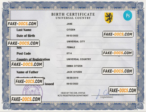 stance universal birth certificate PSD template, completely editable scan