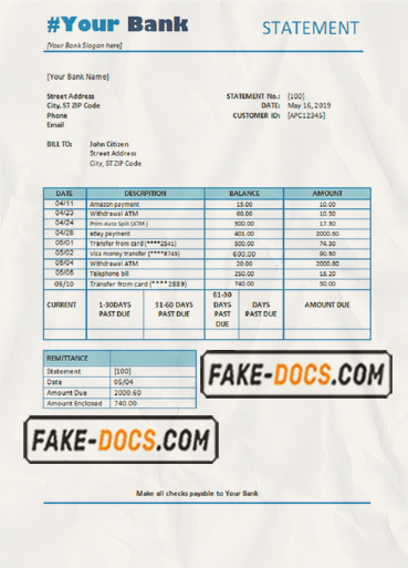 universal multipurpose bank statement template in Word format scan