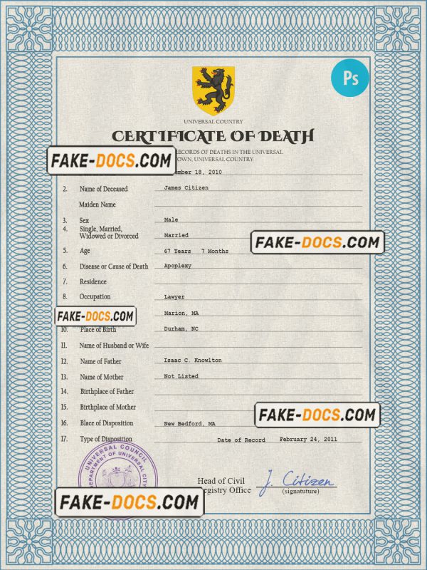variety vital record death certificate universal PSD template scan