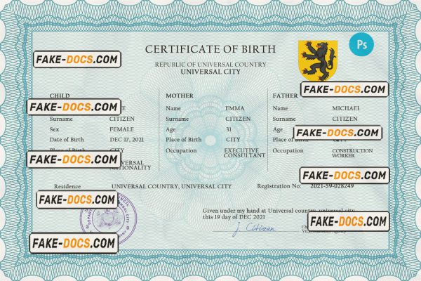 voice universal birth certificate PSD template, completely editable scan