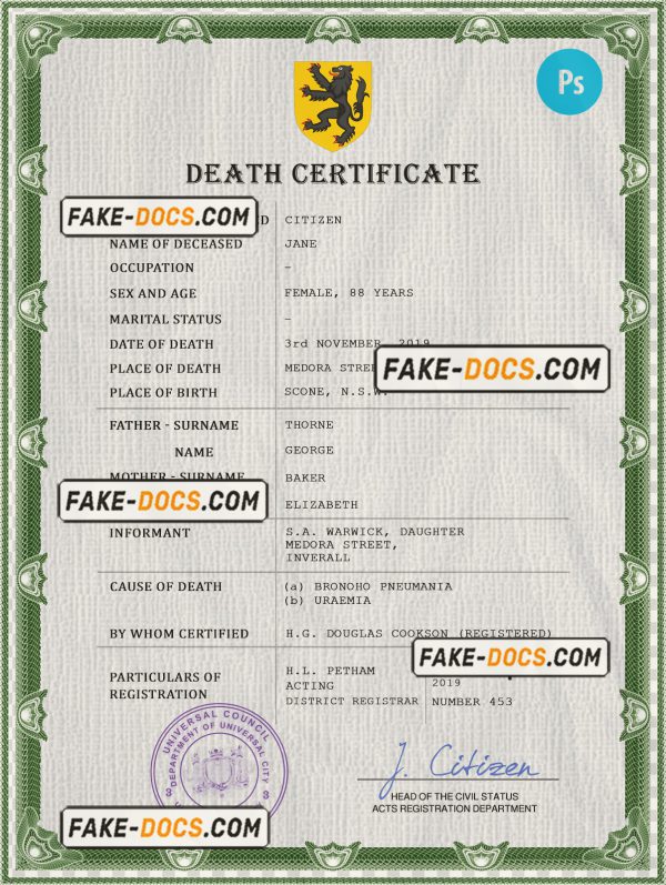 wisdom vital record death certificate universal PSD template scan
