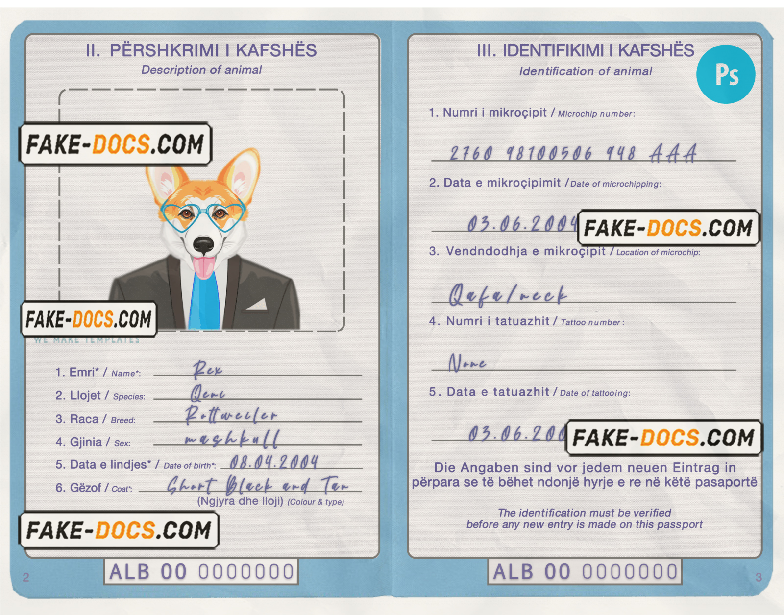 Albania dog (animal, pet) passport PSD template, completely editable scan
