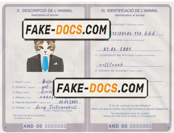 Andorra cat (animal, pet) passport PSD template, fully editable scan