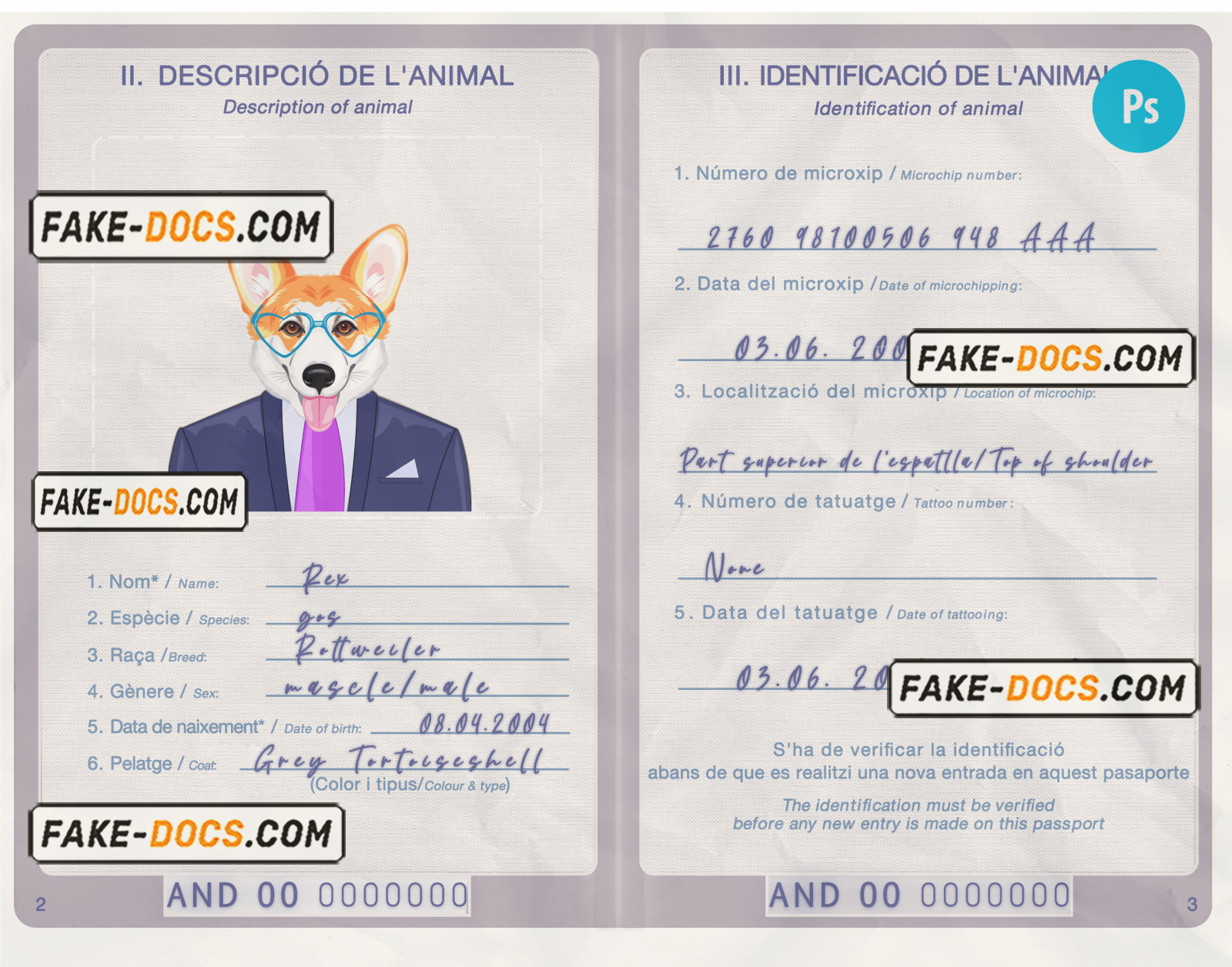 Andorra dog (animal, pet) passport PSD template, fully editable scan
