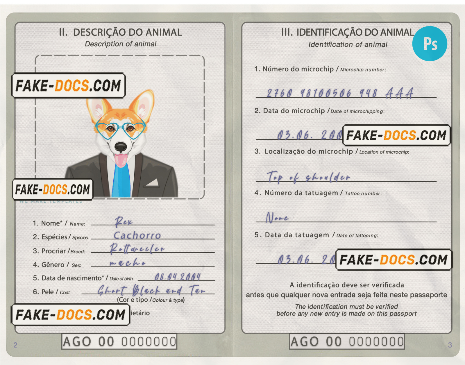 Angola dog (animal, pet) passport PSD template, fully editable scan