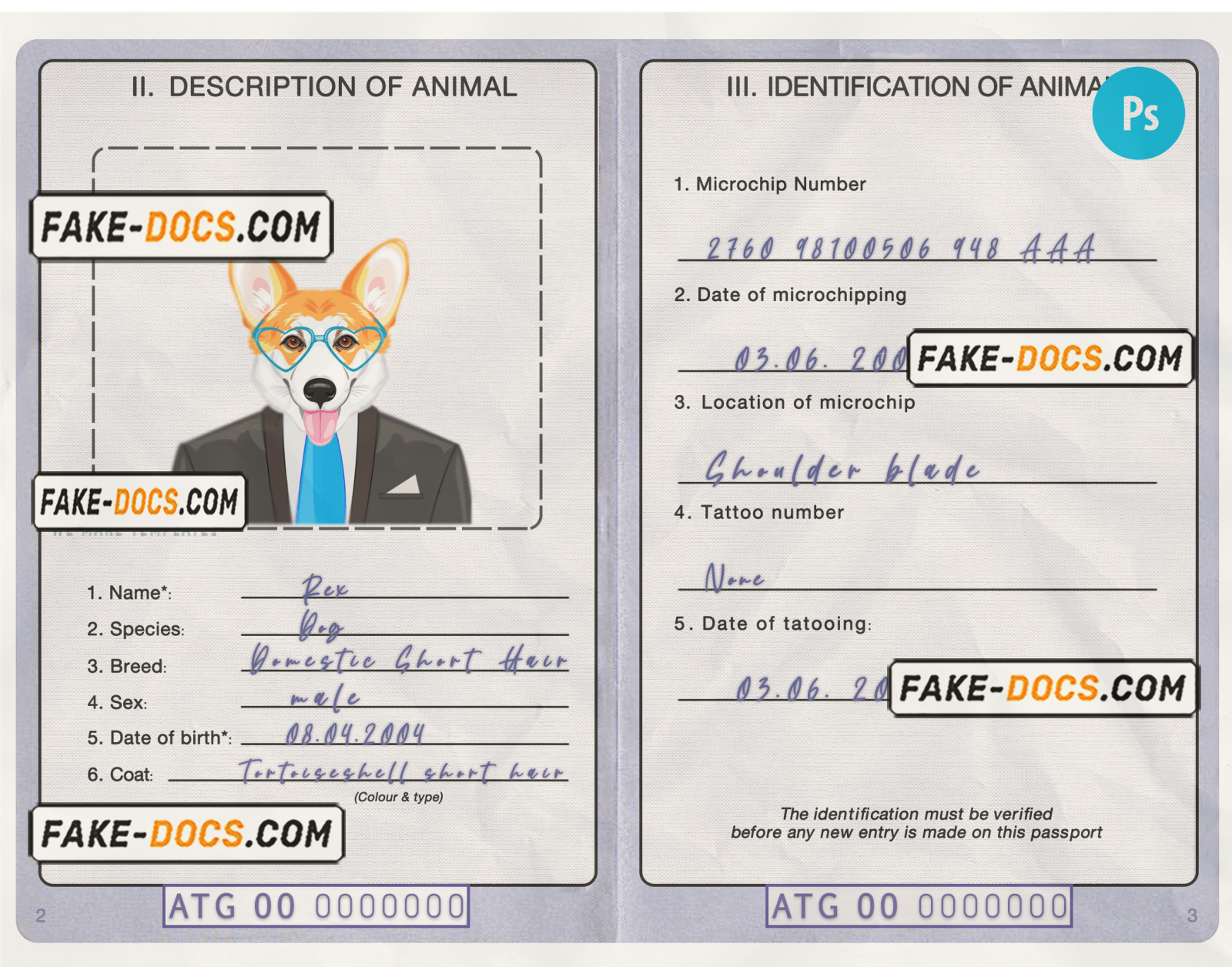 Antigua and Barbuda dog (animal, pet) passport PSD template scan