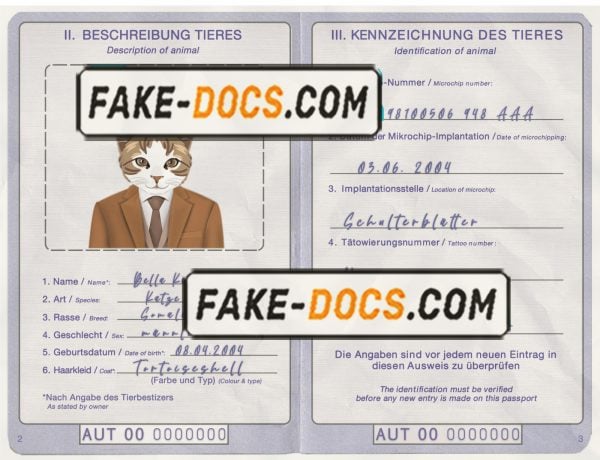 Austria cat (animal, pet) passport PSD template, completely editable