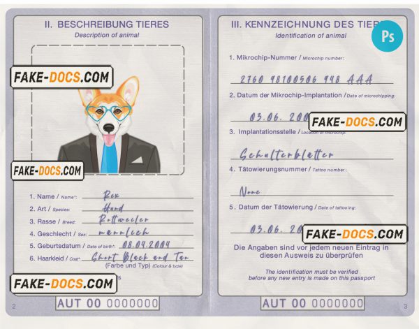 Austria dog (animal, pet) passport PSD template, fully editable