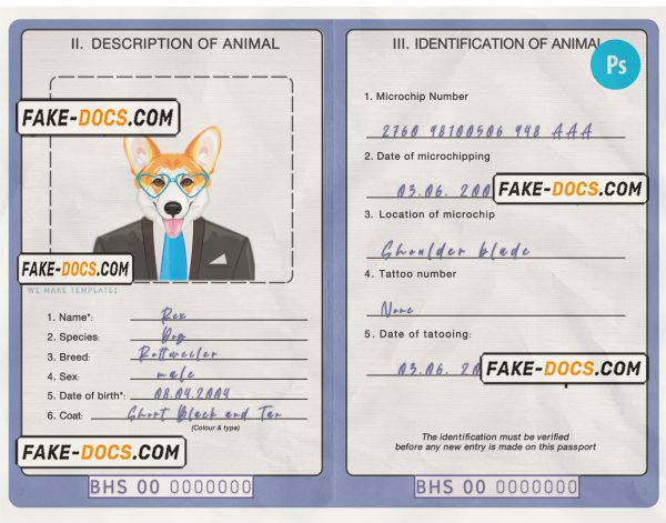 Bahamas dog (animal, pet) passport PSD template, fully editable scan