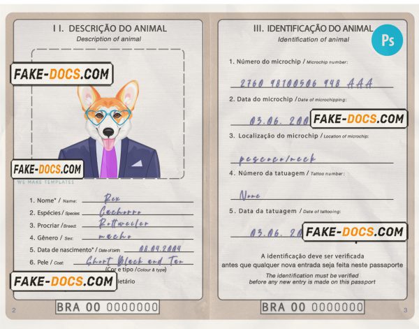 Brazil dog (animal, pet) passport PSD template, completely editable scan