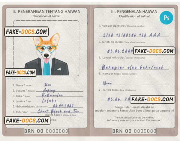 Brunei dog (animal, pet) passport PSD template, completely editable scan