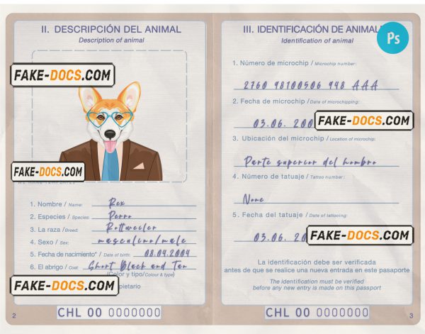 Chile dog (animal, pet) passport PSD template, completely editable scan