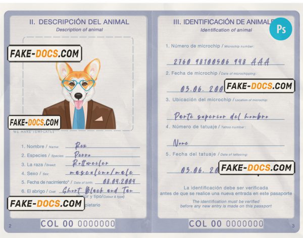 Colombia dog (animal, pet) passport PSD template, fully editable scan