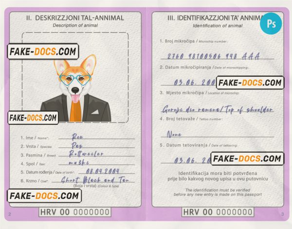 Croatia dog (animal, pet) passport PSD template, completely editable scan