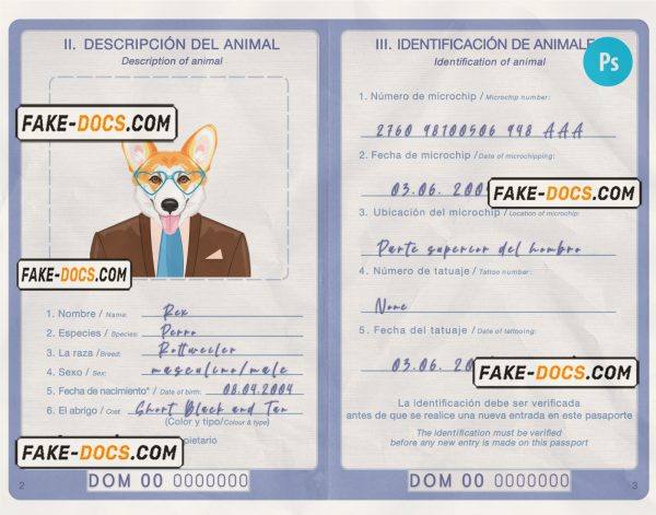 Dominican Republic dog (animal, pet) passport PSD template, fully editable scan