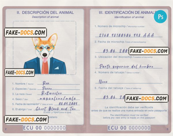 Ecuador dog (animal, pet) passport PSD template, fully editable Scan
