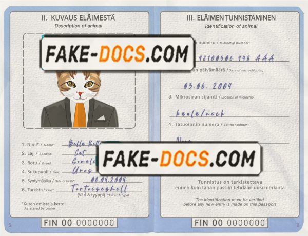 Finland cat (animal, pet) passport PSD template, completely editable scan