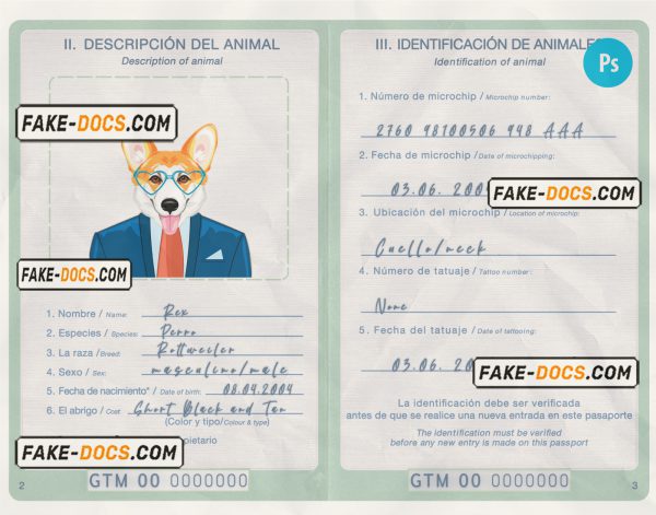 Guatemala dog (animal, pet) passport PSD template, fully editable scan