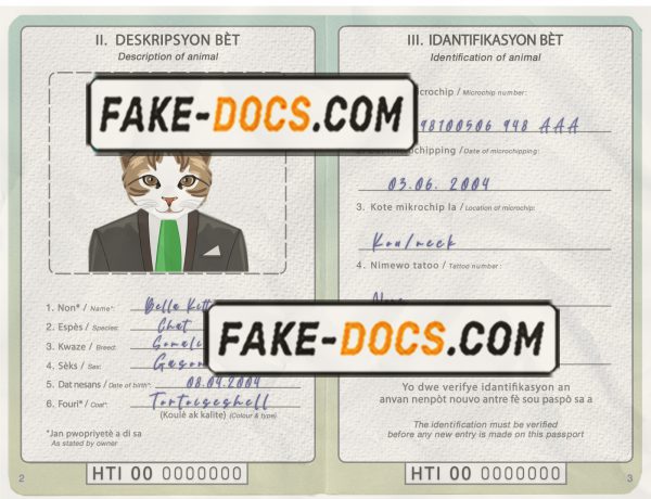 Haiti cat (animal, pet) passport PSD template, completely editable scan