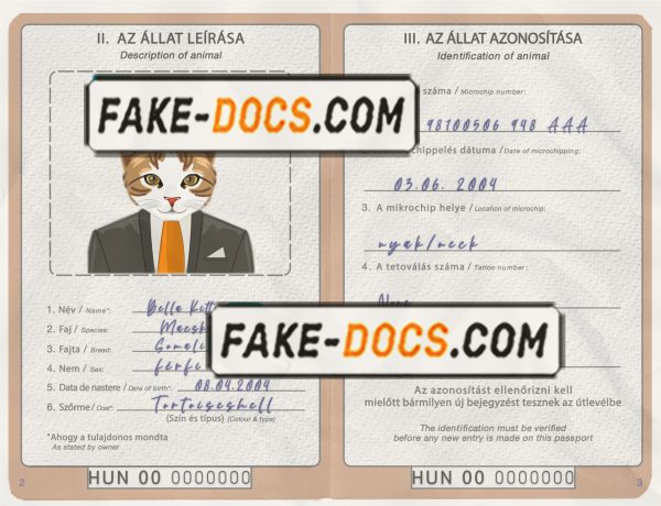 Hungary cat (animal, pet) passport PSD template, fully editable scan