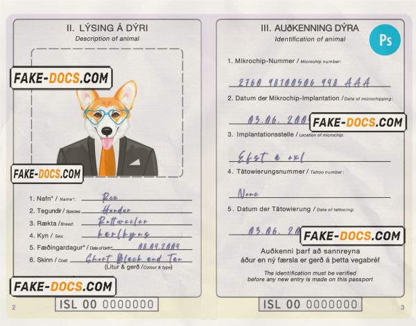 Iceland dog (animal, pet) passport PSD template, fully editable scan
