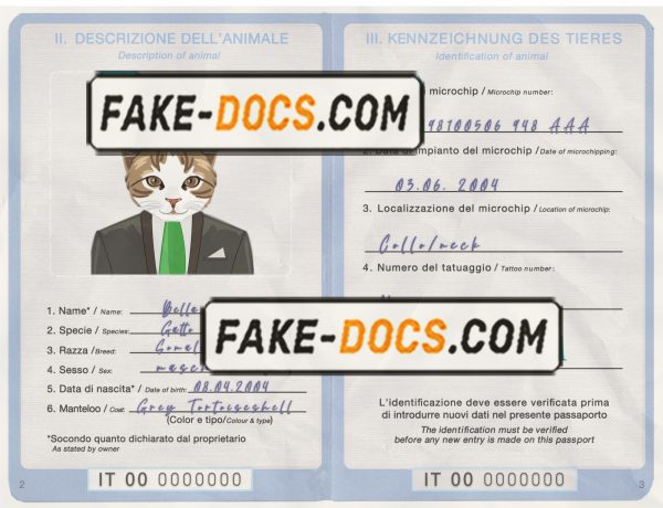Italy cat (animal, pet) passport PSD template, fully editable scan