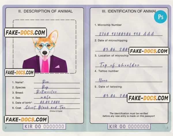 Kiribati dog (animal, pet) passport PSD template, fully editable scan