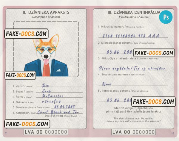 Latvia dog (animal, pet) passport PSD template, fully editable scan