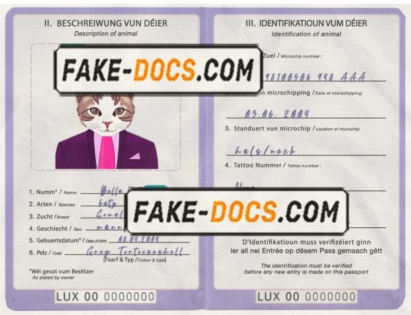 Luxembourg cat (animal, pet) passport PSD template, fully editable