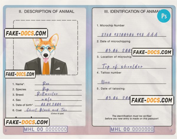 Marshall Islands dog (animal, pet) passport PSD template, fully editable scan