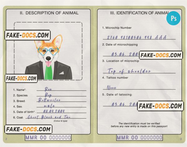 Myanmar dog (animal, pet) passport PSD template, completely editable scan