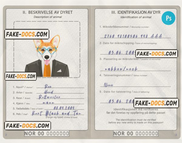 Norway dog (animal, pet) passport PSD template, fully editable scan
