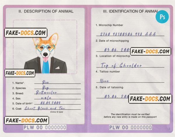 Palau dog (animal, pet) passport PSD template, fully editable scan