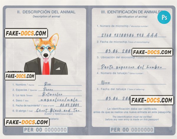 Peru dog (animal, pet) passport PSD template, completely editable scan