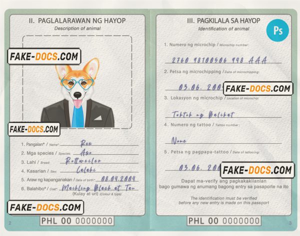 Philippines dog (animal, pet) passport PSD template, fully editable scan