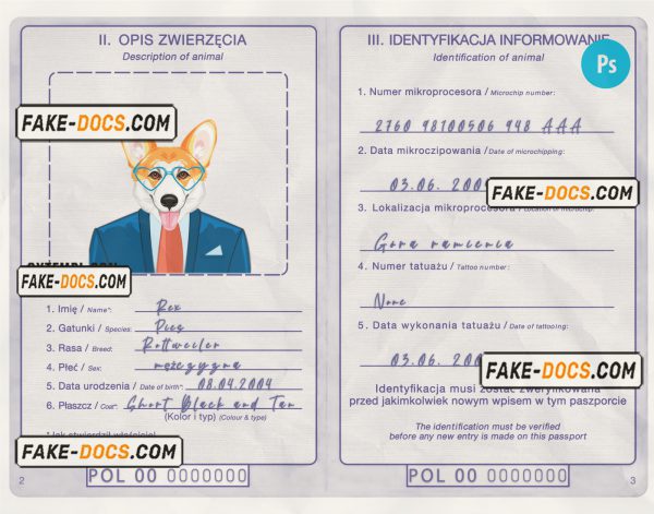Poland dog (animal, pet) passport PSD template, fully editable scan