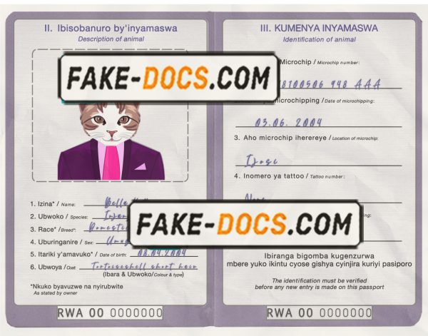 Rwanda cat (animal, pet) passport PSD template, fully editable scan