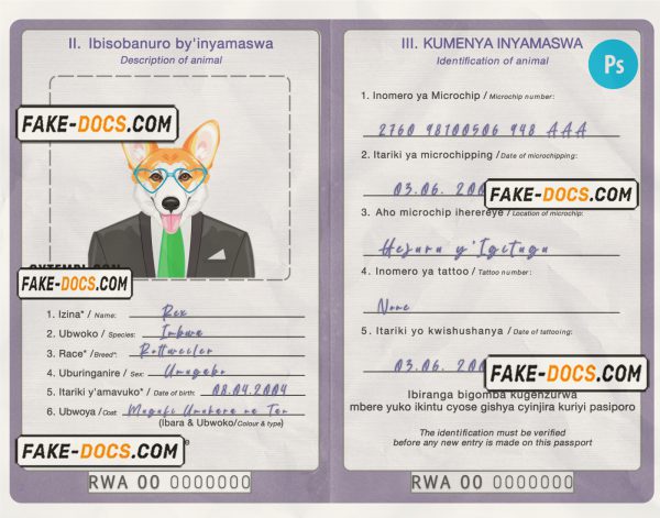 Rwanda dog (animal, pet) passport PSD template, fully editable scan