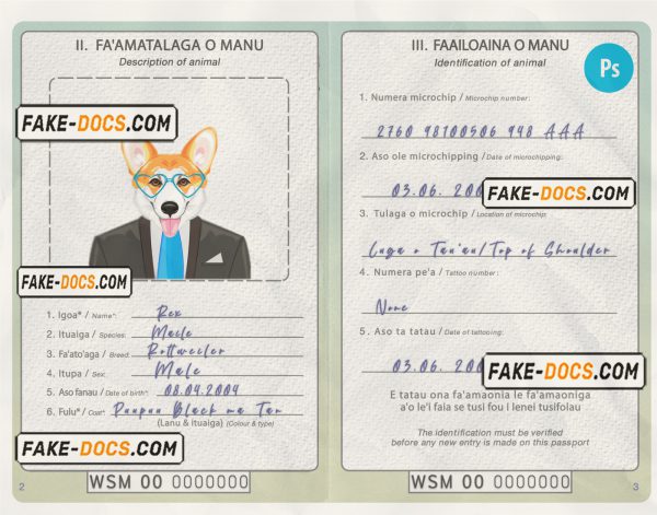 Samoa dog (animal, pet) passport PSD template, completely editable scan