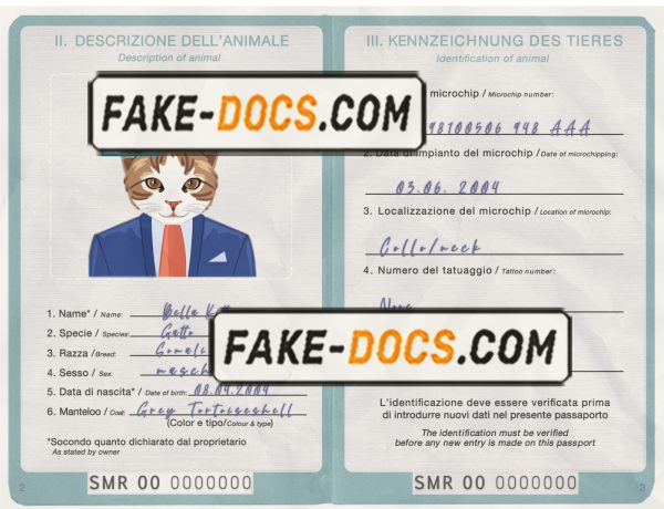 San Marino cat (animal, pet) passport PSD template, fully editable scan