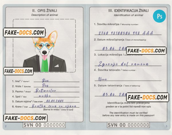 Slovenia dog (animal, pet) passport PSD template, fully editable scan