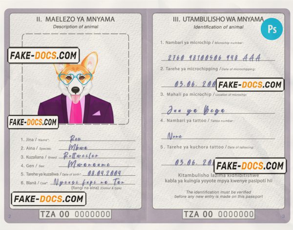 Tanzania dog (animal, pet) passport PSD template, completely editable scan