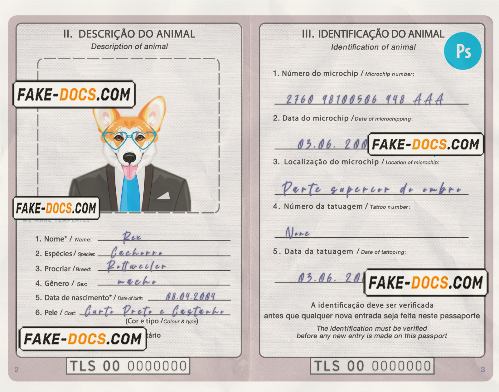 Timor-Leste dog (animal, pet) passport PSD template, fully editable scan