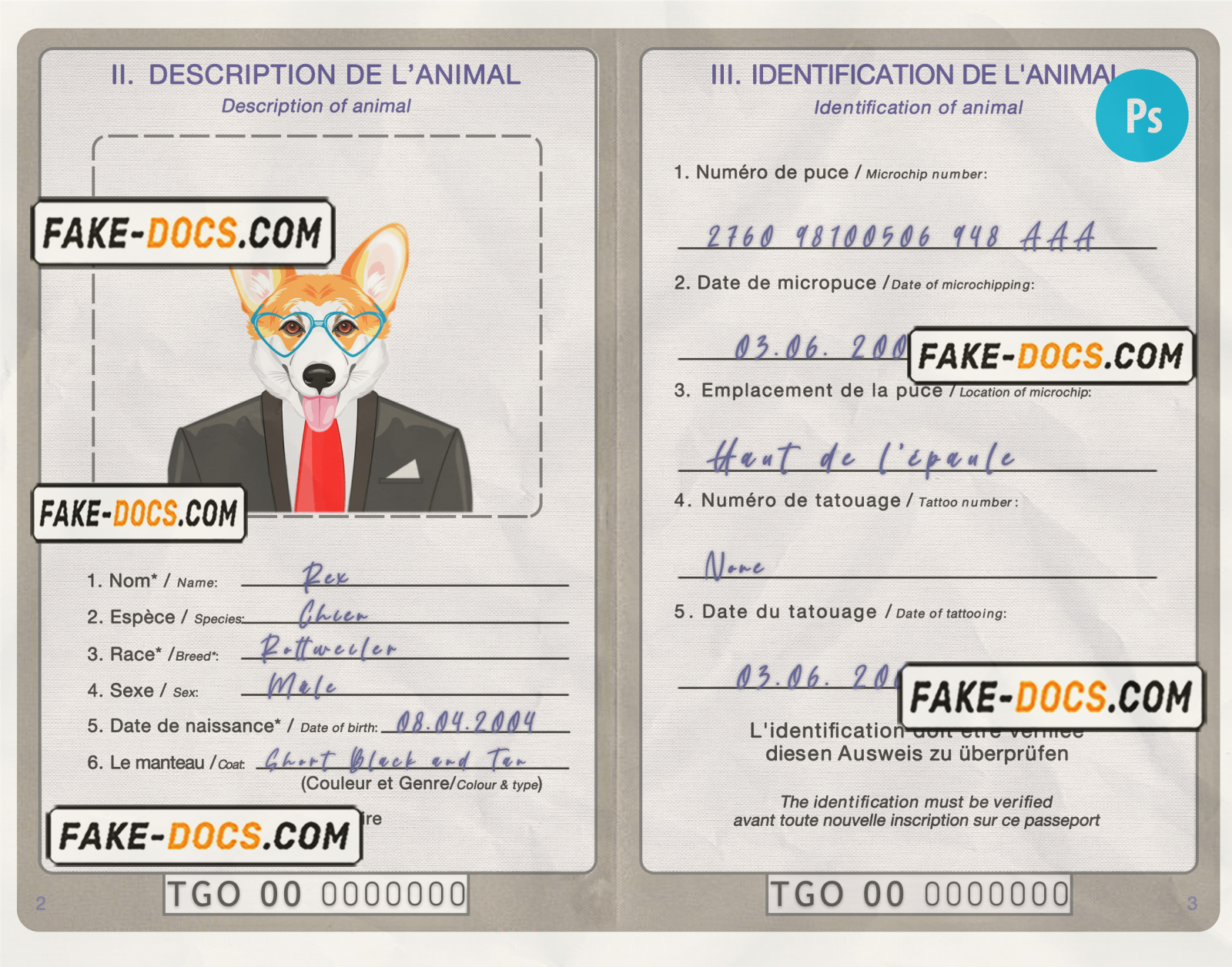 Togo dog (animal, pet) passport PSD template, completely editable scan