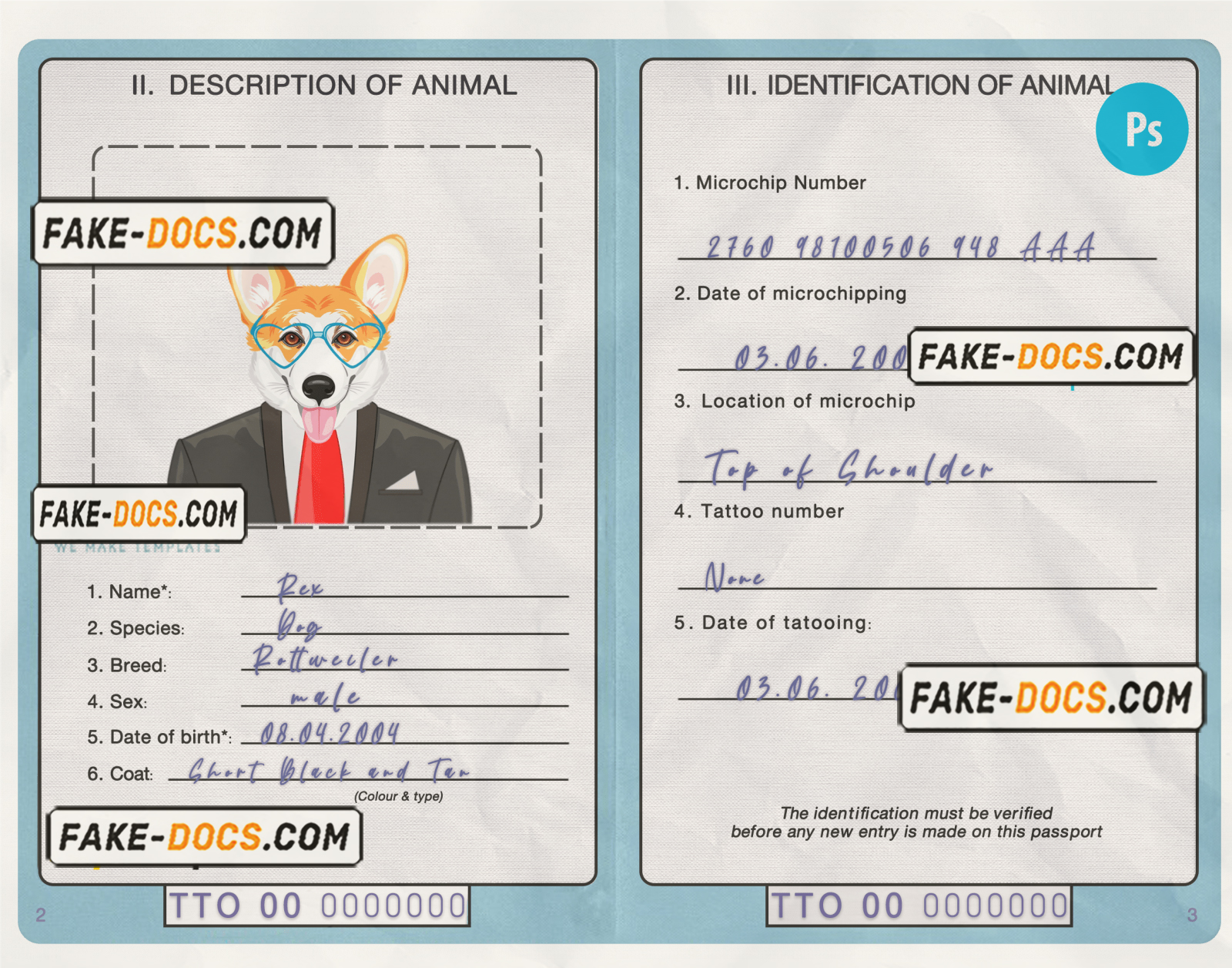 Trinidad and Tobago dog (animal, pet) passport PSD template, fully editable scan