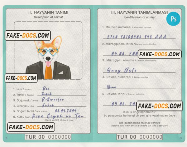 Turkey dog (animal, pet) passport PSD template, completely editable scan